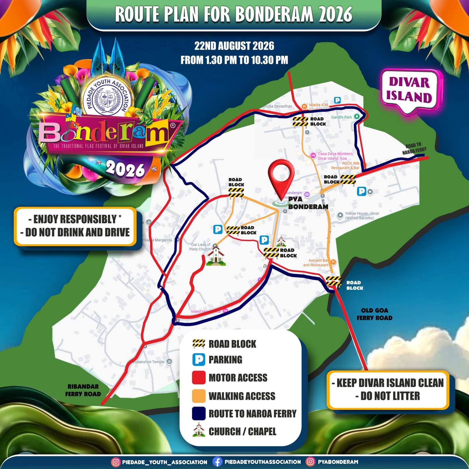 Route plan map for Bonderam 2026 on Divar Island, 22 August from 1.30 PM to 10.30 PM, showing road blocks, parking spots, motor access roads in red, walking access in orange and the route to the Naroa ferry in dark blue around the PYA Bonderam venue