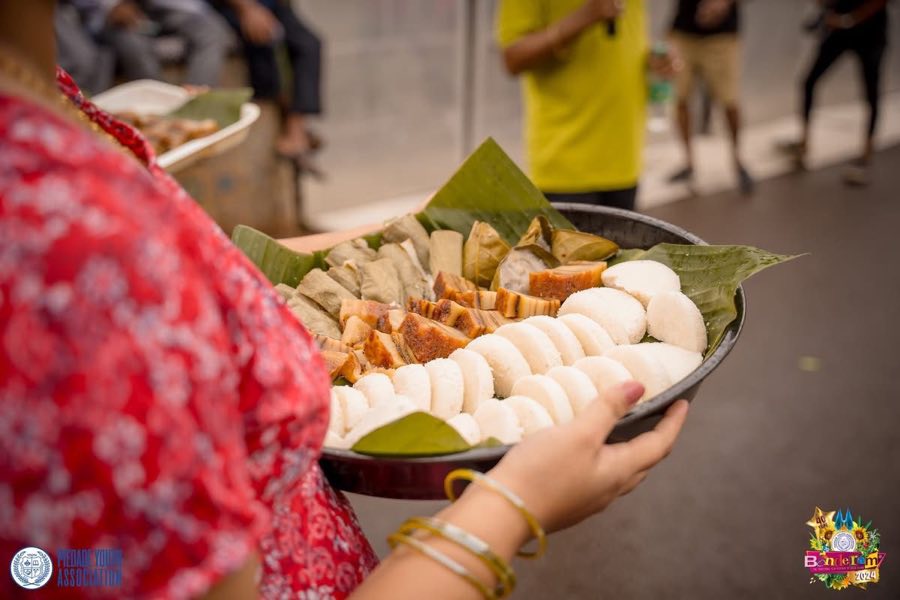 A platter of traditional Goan festival food on banana leaves